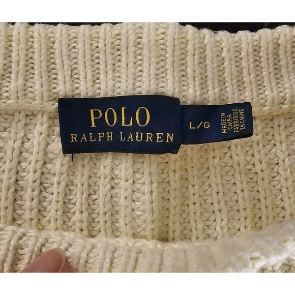 Polo Ralph Lauren Cropped Oversized Cream Knit Pullover Sweater Womens Sz L - Picture 2 of 5